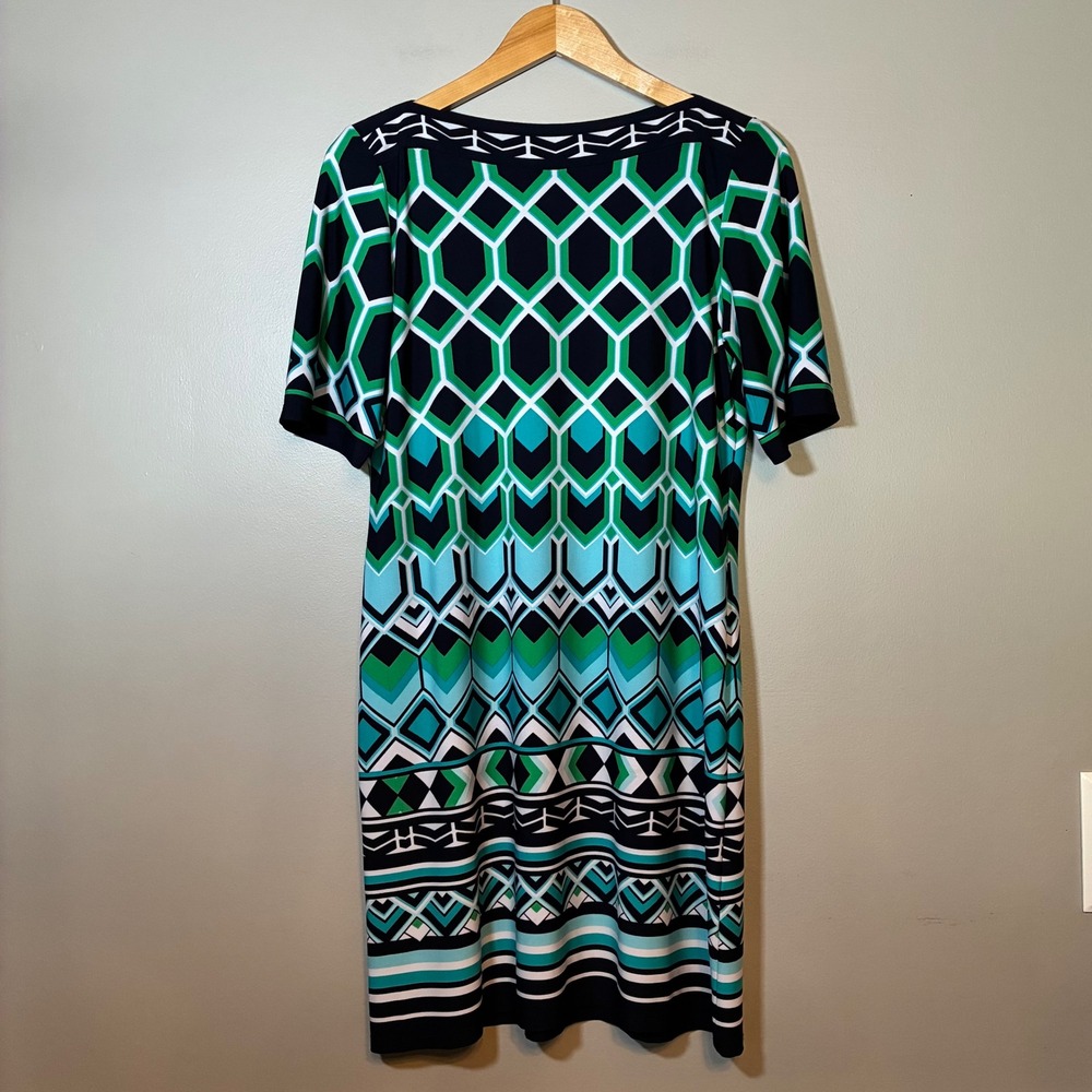 Signature Camryn Petite 12P Geometric Shift Dress Navy Green Teal Short Sleeve